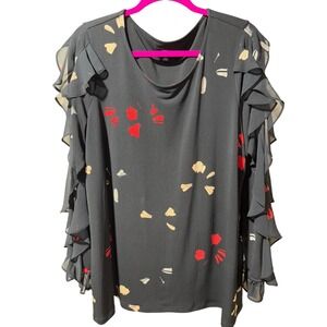 Elegant Ruffled Sleeve Top - Gray with Red and Cream Accents